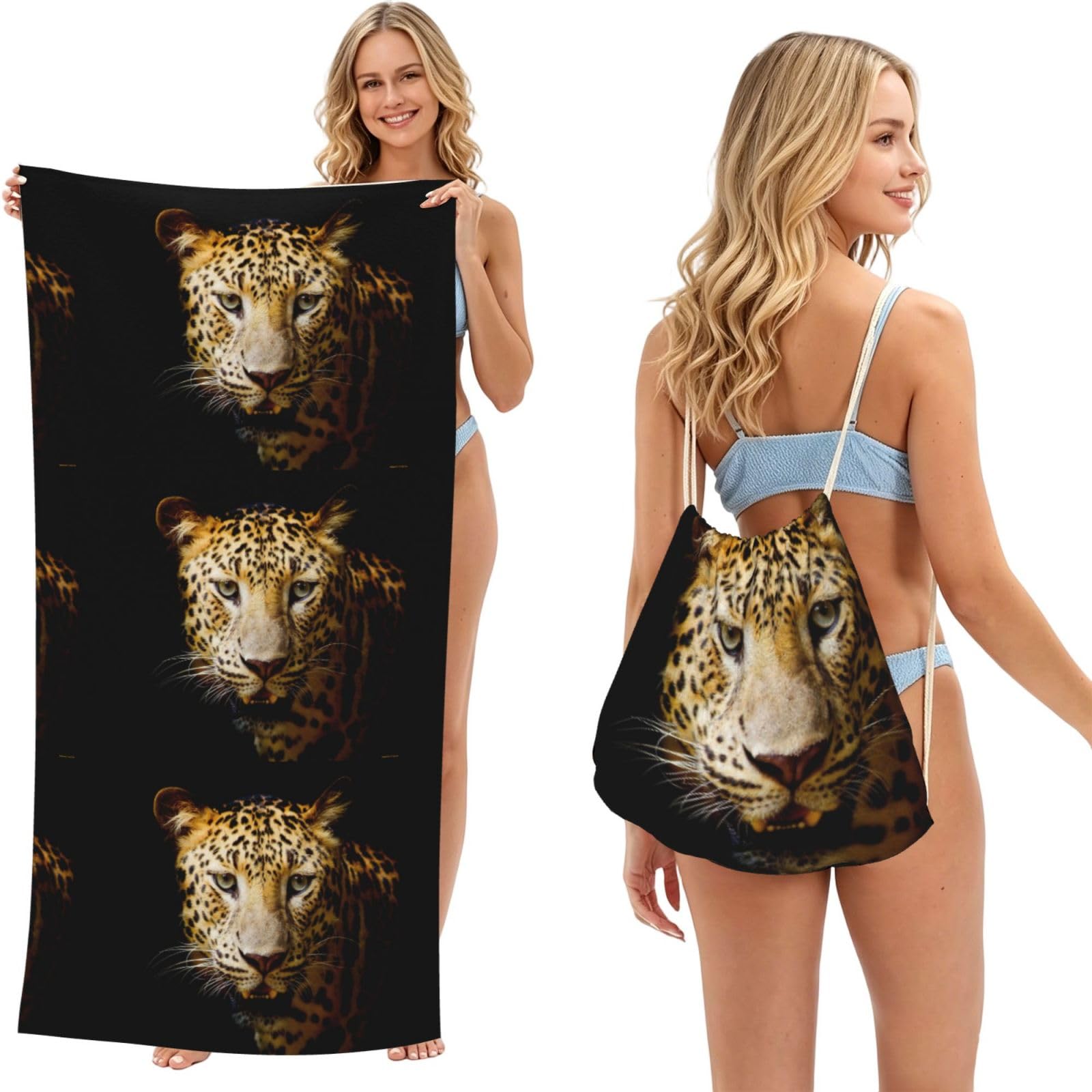 Poadnly As Picture Animal Cheetah, 2 In 1 Packable Towel Bag, Beach Towels With Drawstring Backpack For Travel Holiday Camping