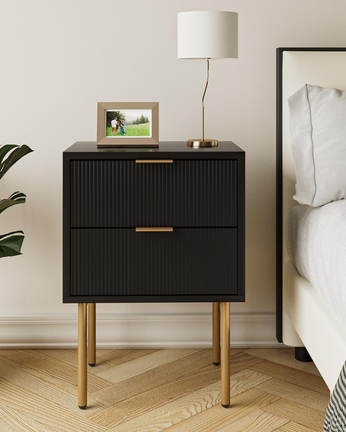 HEYZOEY Bedside Table, Small Bedside Cabinet with Drawer, Wooden Nightstand End Sofa Side Table with Gold Frame for Bedroom, Living Room, Black, 2 Drawer