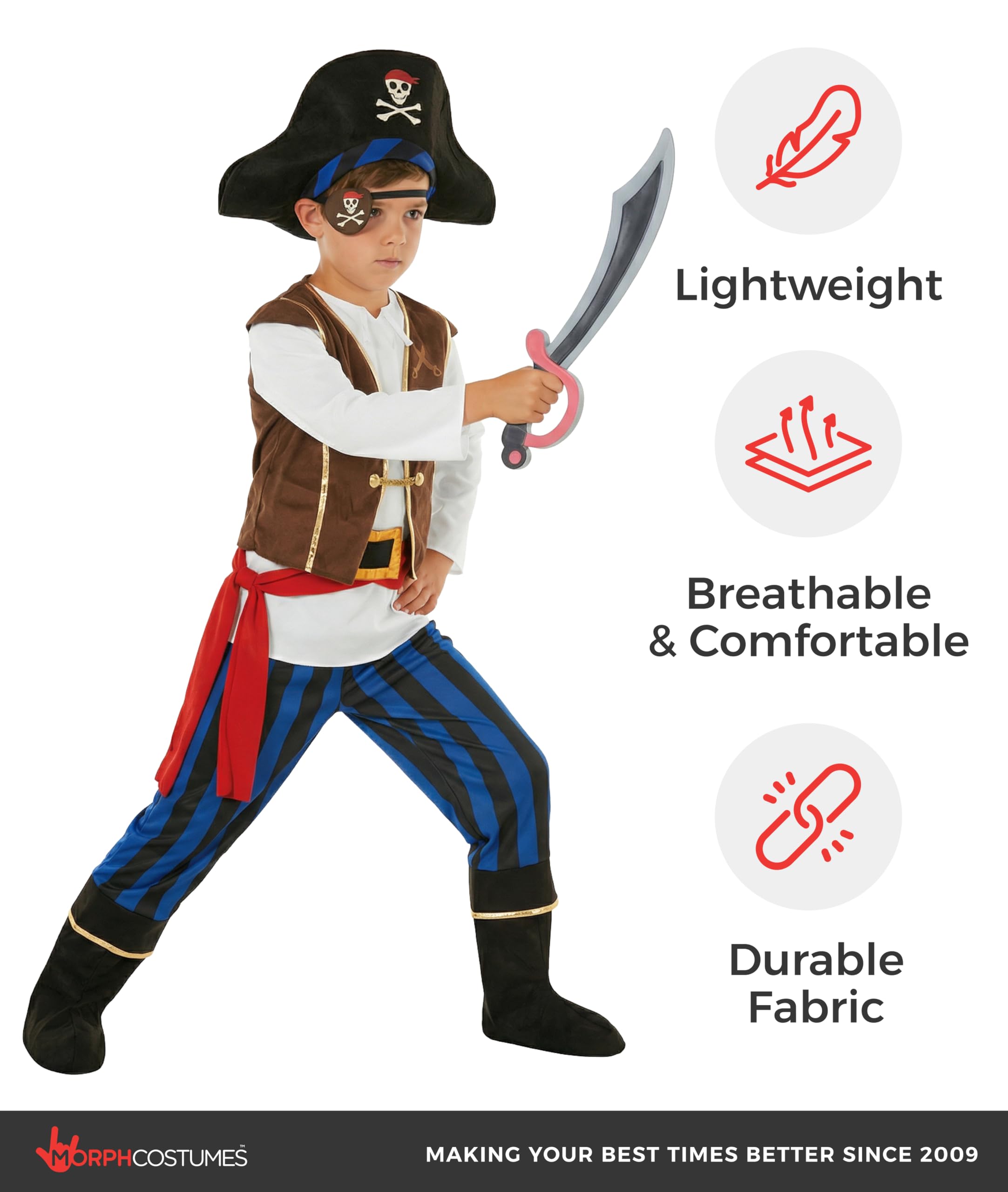 Morph Piratenkostüm für Kinder, Piraten Kostüm Kinder, Piratenkostüm Junge, Piratenkostüm Jungen, Pirat Kinderkostüm, Kostüm Pirat Kind in 4 Größen erhältlich