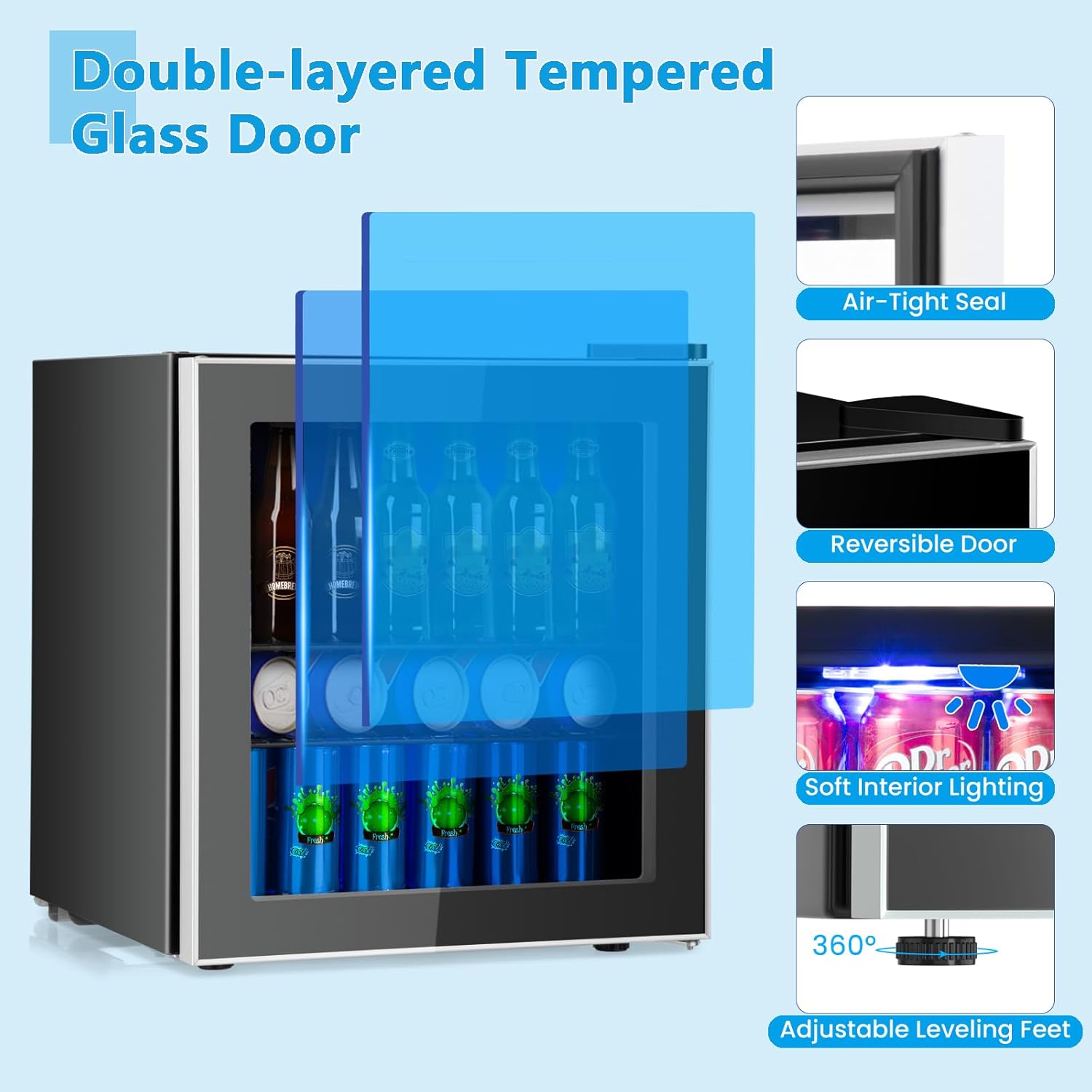 KOTEK Beverage Refrigerator, 60 Cans / 1.6 cu.ft Mini Fridge with Glass Door, Beverage Cooler for Soda, Wine, Beer, Temperature Control, Adjustable Shelves & LED Light, Under Counter Beverage Fridge