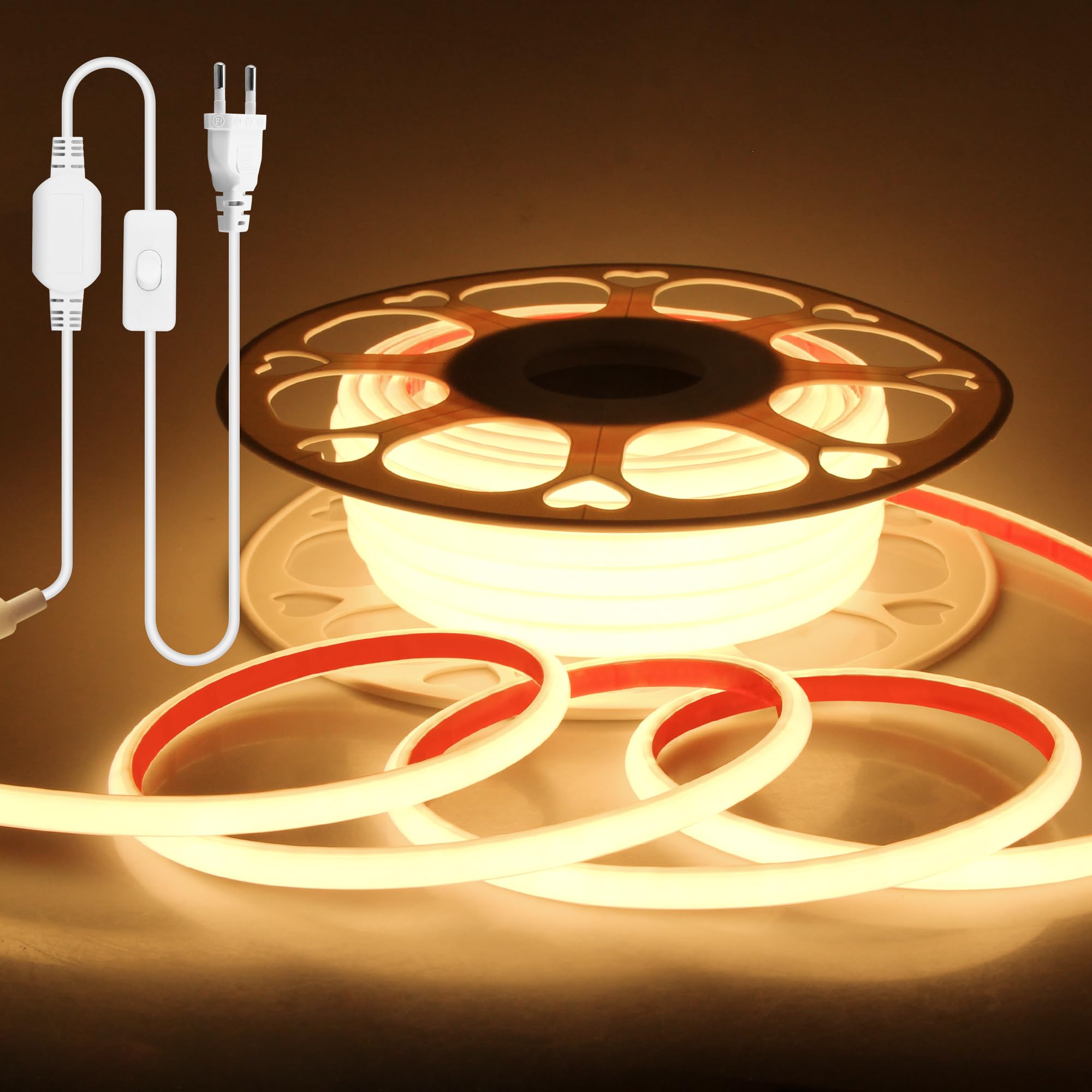 Aclorol COB LED Streifen Warmweiß 230V 15M 3000K LED Strip Wasserdicht IP67 | LED Band mit Schalter und 1,5M langes Anschlusskabel, Plug & Play, für Terrasse Garten Balkon Carport Außenbeleuchtung