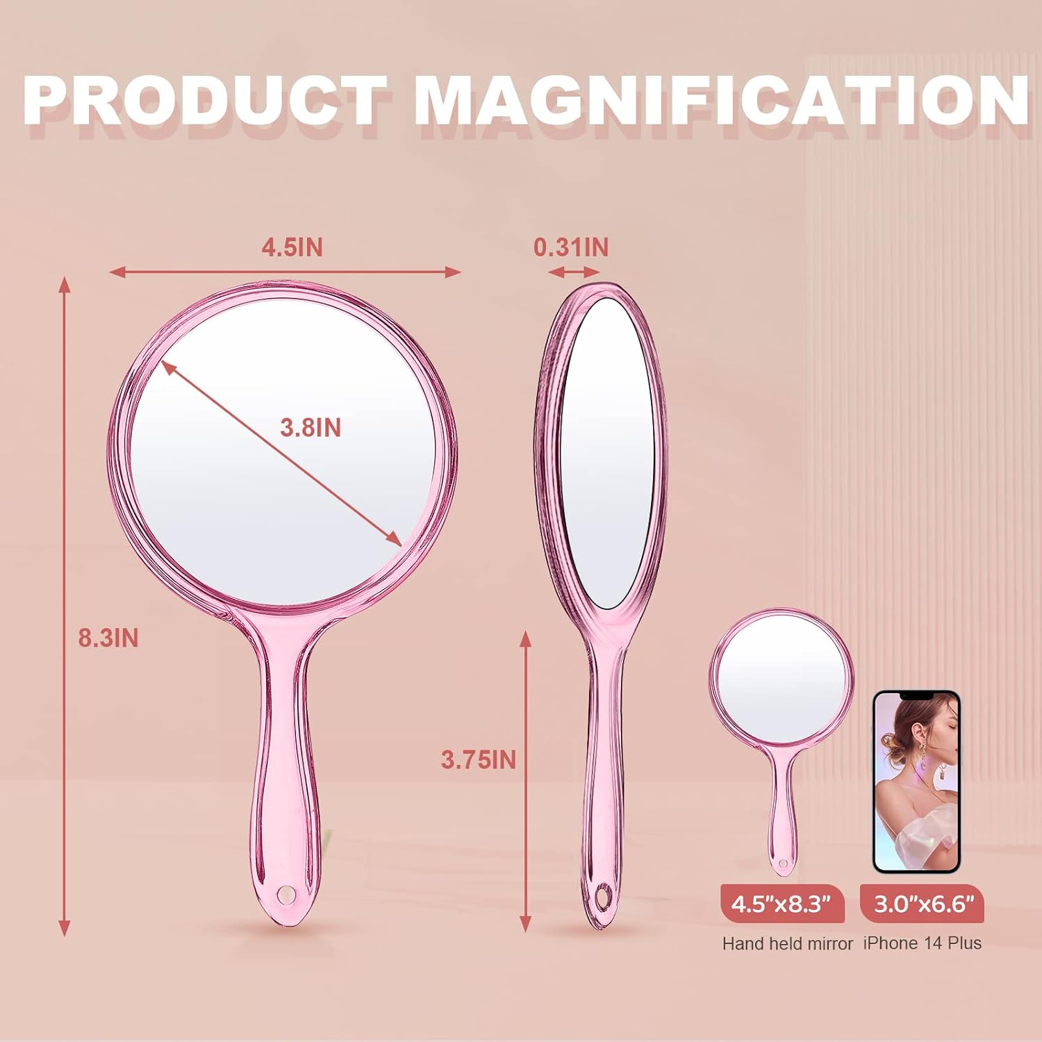AMMON Handheld Mirror with Handle Double Sided Makeup Mirror 1X/ 2X Magnifying Mirror Portable Clear Rounded Shape Travel Hand Mirror (Clear)