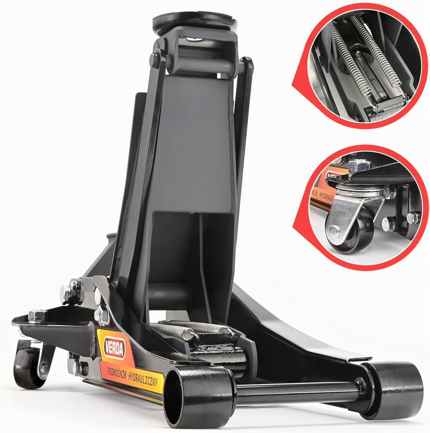 Verda Cric hydraulique rouleur 3T Profil Bas 80–465 mm, Double Pompe Double Piston, avec 2 Patins en Caoutchouc et Gants de Montage, cric Voiture Professionnel Robuste, modèle SN3065