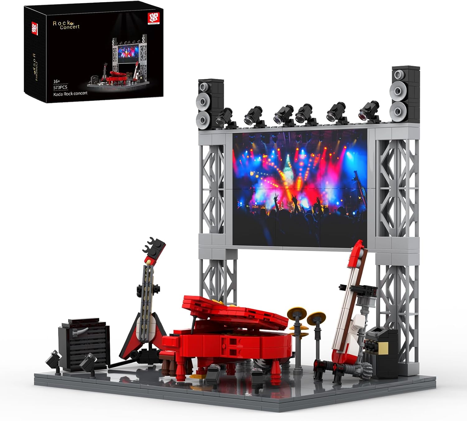 Rock Concert Building Blocks Set, 573PCS MOC Model with LED Light Stage, Piano, Guitar, Bass & Drum Set, Collector Music Gift for Adults & Fans