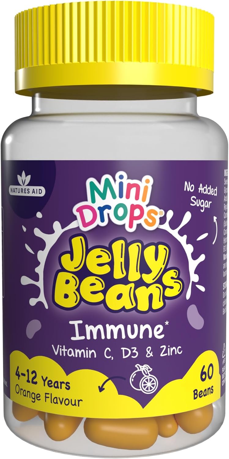 Mini Drops Jelly Beans Immune Support – Vitamin C, D3 & Zinc to Support Immunity and Immune System – Orange, No Added Sugar, Gluten Free – 60 Beans for Children Ages 4-12 by Natures Aid