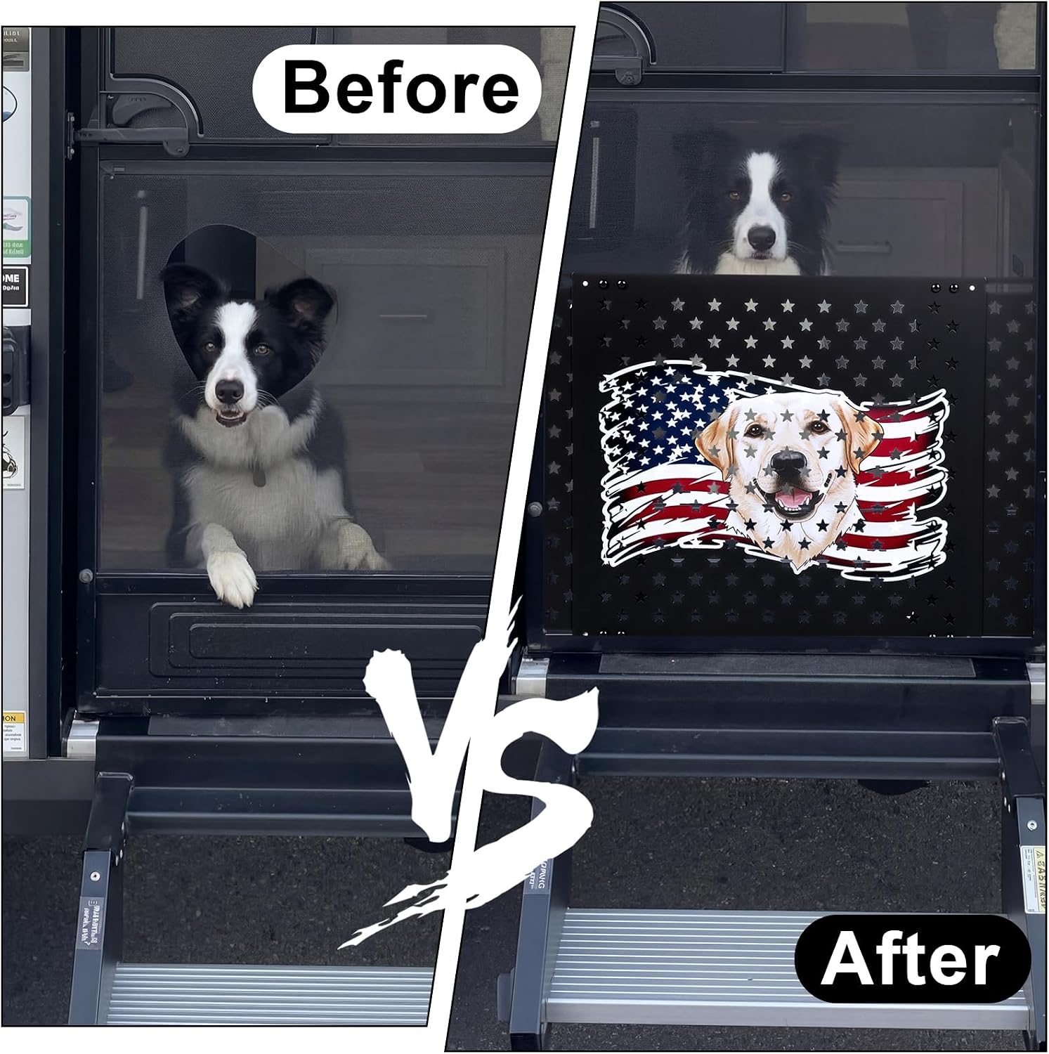 Gisafai 20" Adjustable RV Screen Door Protector for Dogs, Aluminum RV Screen Door Guard Grille, Fits 22"-31.5" Wide Camper Entry Doors Pet Scratch Shield Barrier with USA Flag Dog Head and Star Design