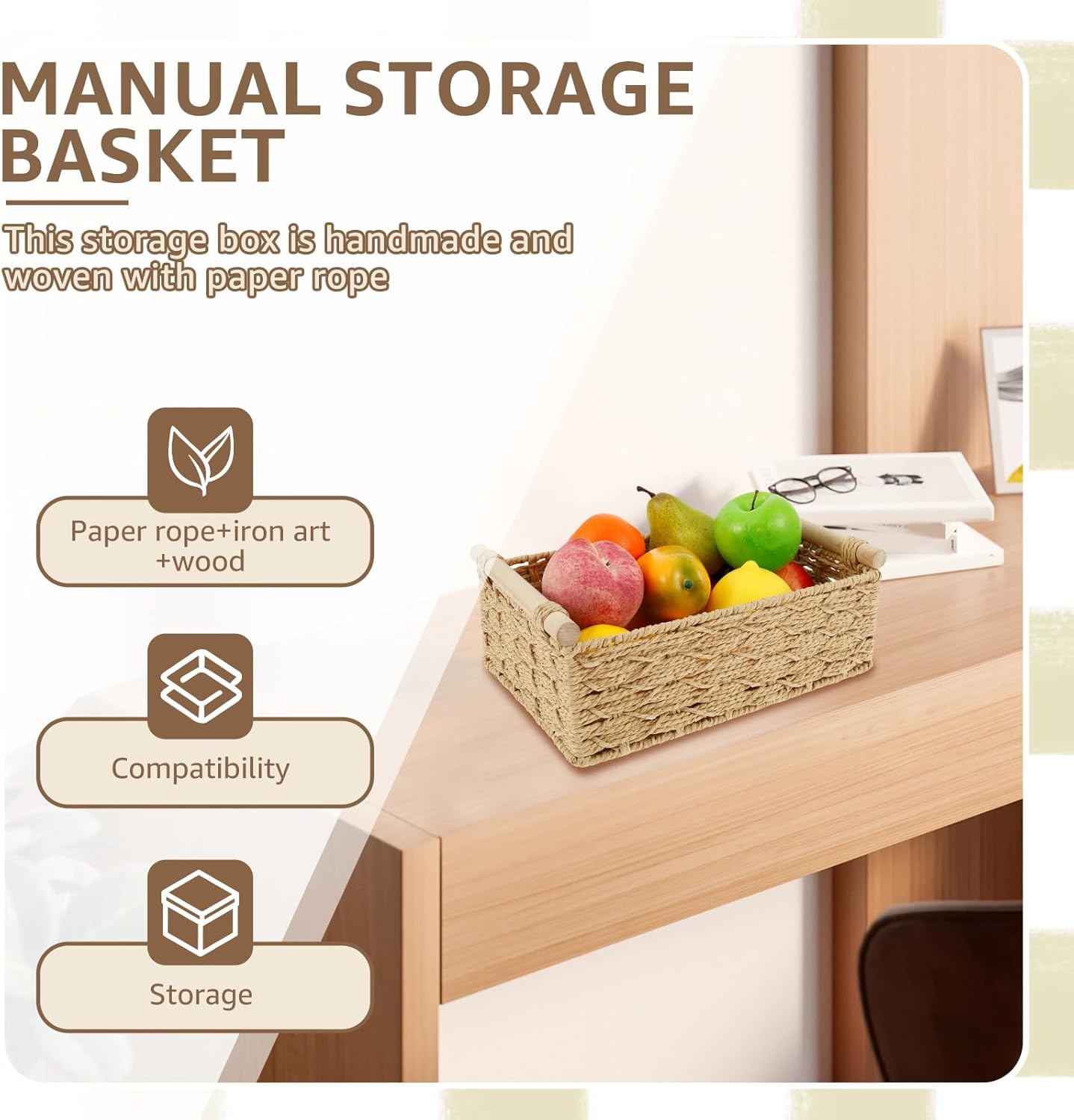 4PCS Toilet Paper Basket Decorative Woven Basket with Wood Handle Multipurpose Toilet Paper Bin for Home Bathroom Living Room Office