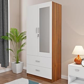 VIKI Wardrobe | Albarracin Wardrobe | Wooden Almirah for 2 Door Wardrobe with 2 Drawer & Hanging Space with Mirror (Walnut... Price In India