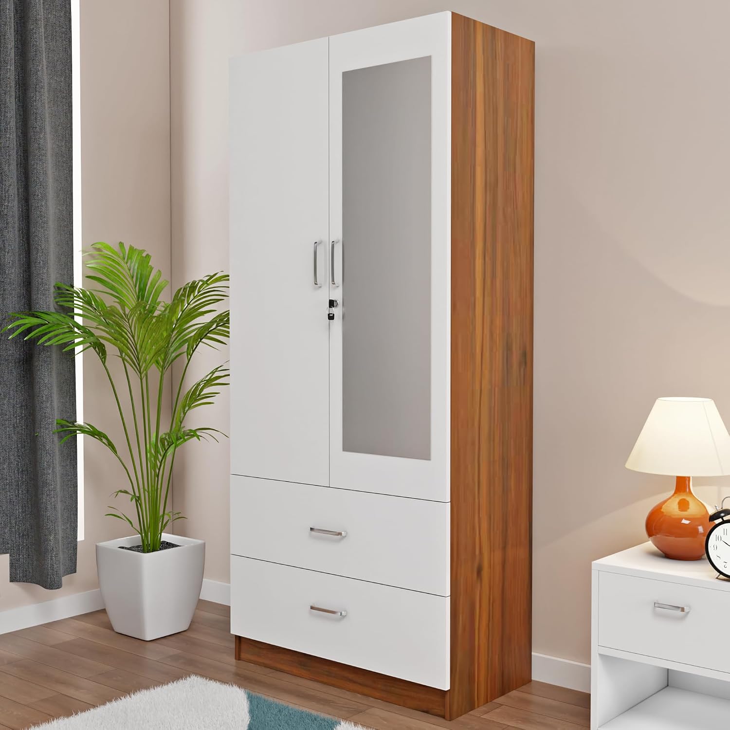 VIKI Wardrobe | Albarracin Wardrobe | Wooden Almirah for 2 Door Wardrobe with 2 Drawer & Hanging Space with Mirror (Walnut...