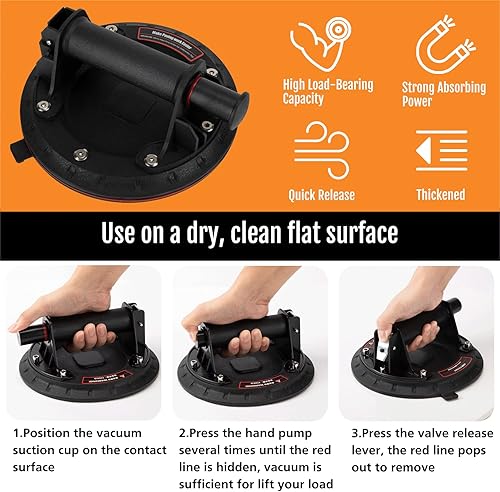 Miniatura 6 de Ventosas de vacío de 8 pulgadas resistentes para levantar vidrio grande, elevador de ventosa industrial con asa, capacidad de carga de 500 libras