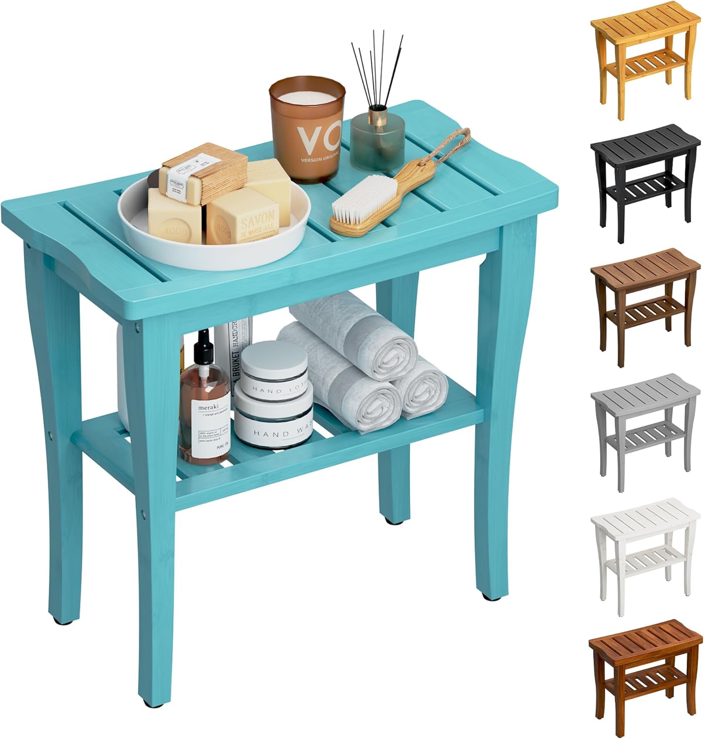 Bamboo Shower Bench Stool with Storage Shelf, Waterproof Shower Chair Spa Bath Seat, Shower Stool for Inside, Bathroom Bench Seat for Adults Elderly Seniors for Indoor or Outdoor Use(Sky Blue)