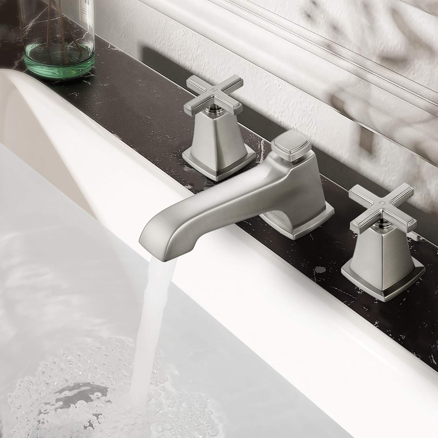 Flash Deals - 50% OFF NEWATER 2-Handle Widespread Brass Bathroom Sink Faucet Three Hole Lavatory Faucet with Metal Pop-up Drain Assembly & Supply Lines，Brushed Nickel