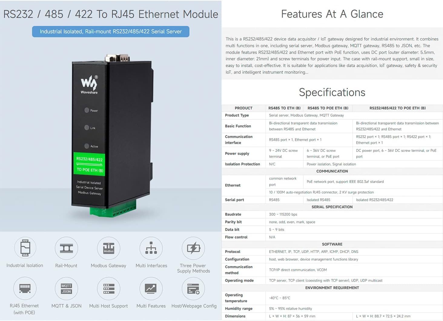 waveshare Industrial Isolated Rail-Mount RS232/485/422 Serial Server, RS232/485/422 to RJ45 Ethernet Module with POE, TCP/IP to Serial Converter, Modbus Gateway Support