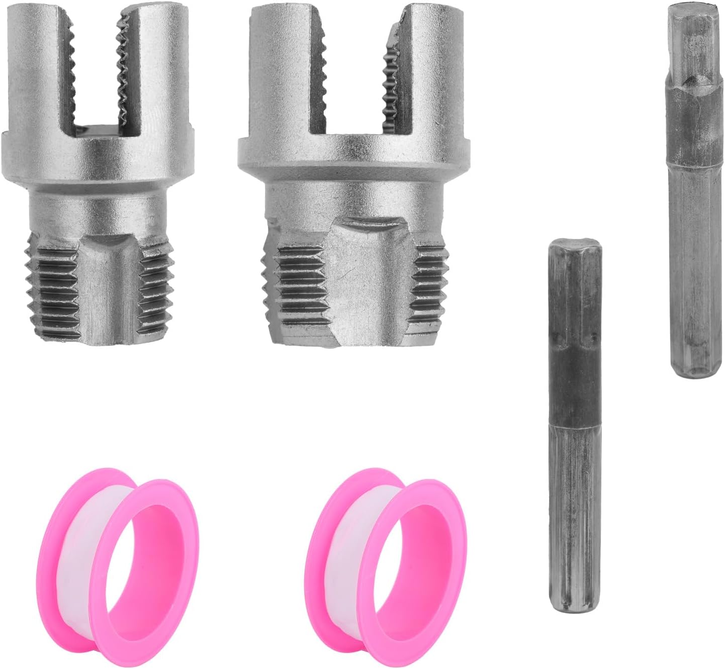 2pcs PVC Pipe Threading Threader Tool Kit, Integrated Internal & External Pipe Thread Cutting Tool with 1/2'' & 3/4'' Dies Set with 2 Roll Seal Raw Tapes for Electric Drill