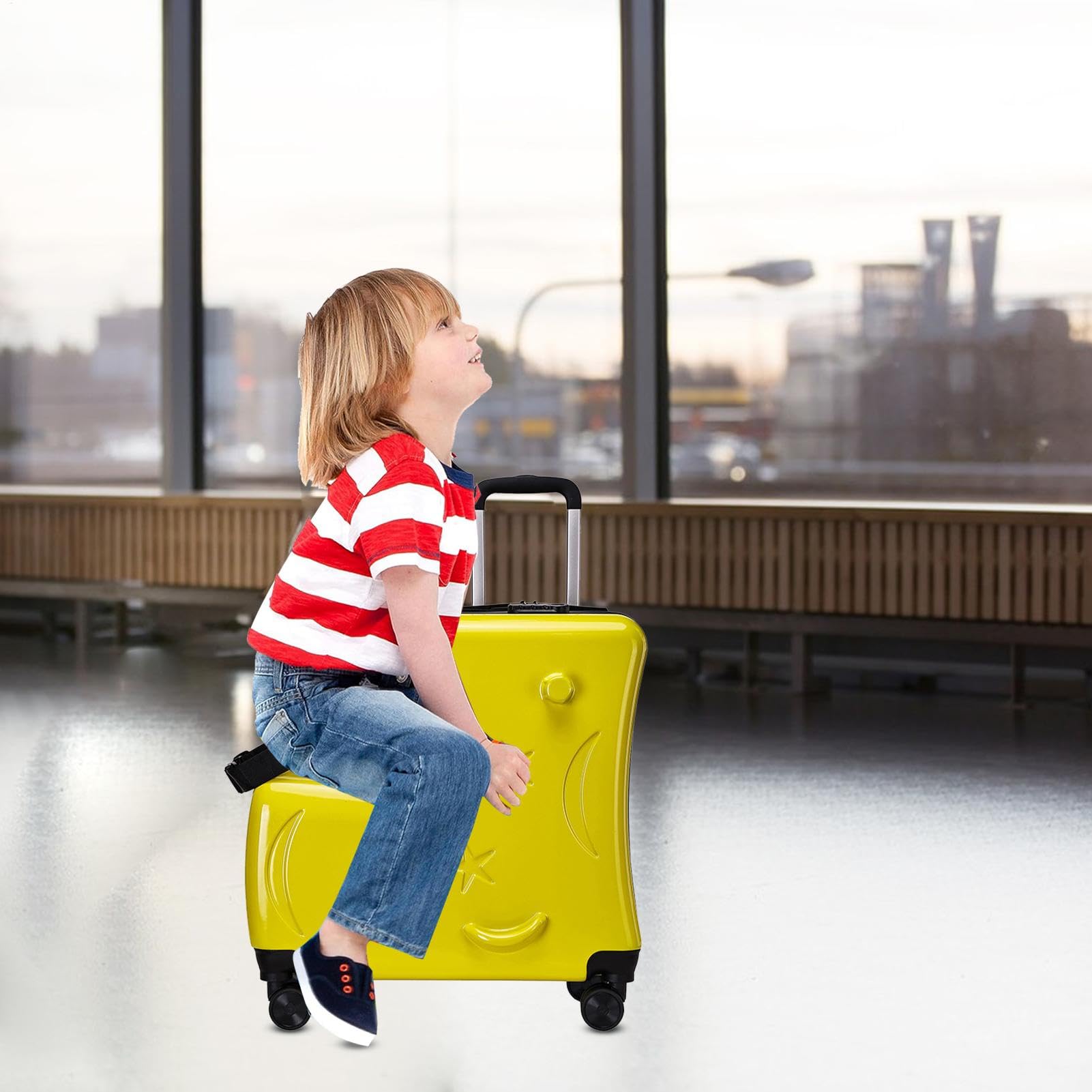 Kinder Aufsitzkoffer Trolley Koffer mit Sicherheitsgurten, Lenker und | Fahrbarer Koffer für und Mädchen 6-12 Jahre, 3-stelliges Zahlenschloss, im Freien, Flughafenreise