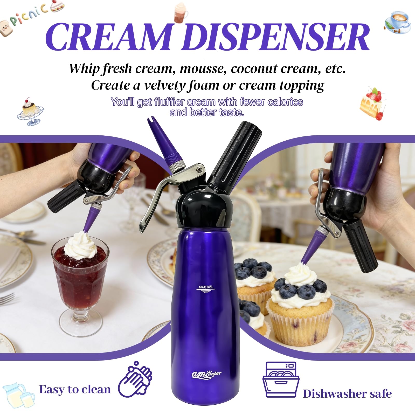 Sahnespender, Sahnesyphon, Sahnespender 500ml, Espuma Flasche, Schlagsahnebereiter Sprühsahne Sahnekapseln Sahnesiphon inkl. 3 Garniertüllen 1 Reinigungbürste, Sahnespender für Sahne,Dessert Herzhafte