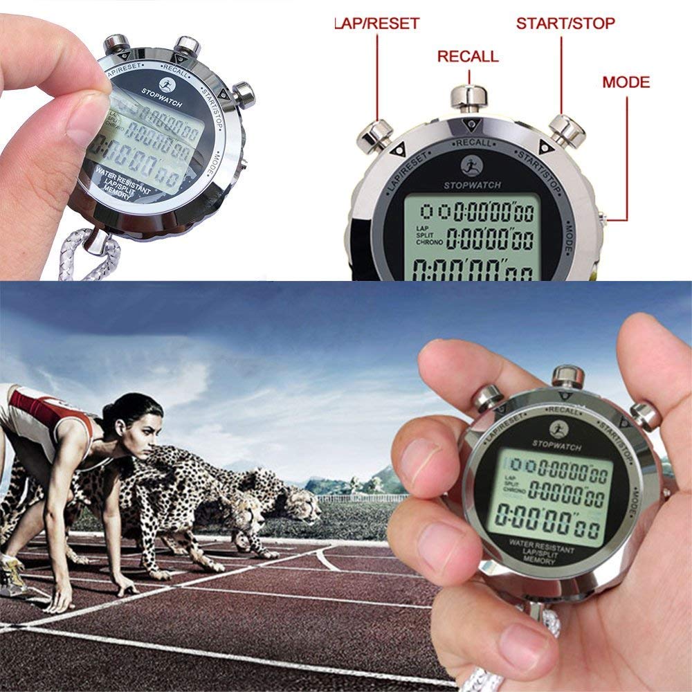 LAOPAO Metalowy stoper, 1/100 sekundy, 100 pamięci, wodoodporny elektroniczny chronograf na co dzień, do piłki nożnej, baseballu, sportów na świeżym powietrzu