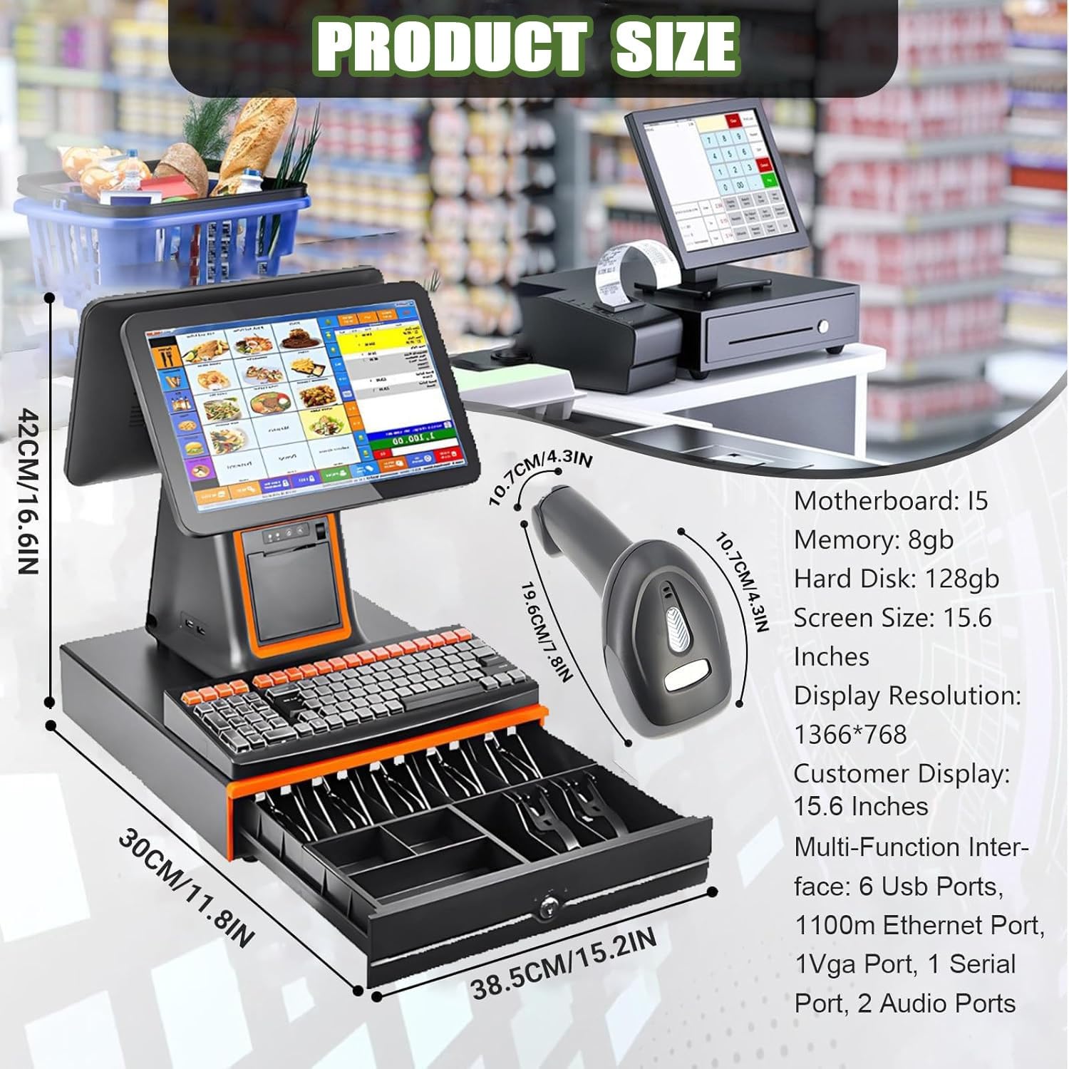 Registratore di cassa compatto multifunzione con stampante integrata | Schermo touch da 15,6 pollici con doppio display, 8G+128GB, per ristoranti, supermercati e negozi al dettaglio
