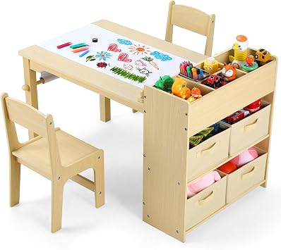 Clevich Kids Table and Chairs, 2 in 1 Children Table and Chair Set, Wooden Kids Craft Table Chairs Set, Children Art Desk with Paper Rolls and 4 Storage Boxes for Drawing, Learning