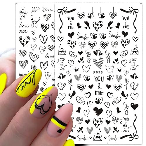 Miniatura 3 de 8 hojas de calcomanías de corazón 3D para uñas calcomanías de uñas autoadhesivas de corazón blanco y negro para mujeres niñas niños uñas acrílicas