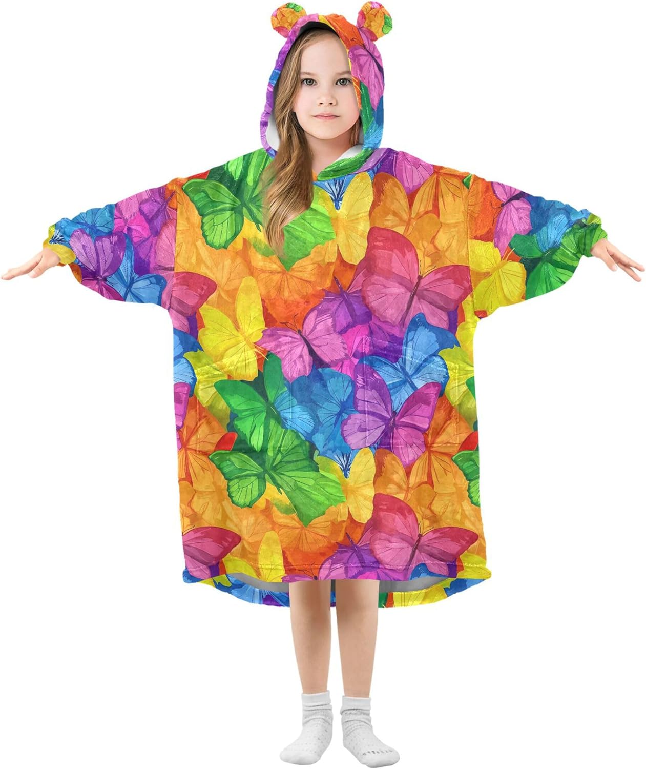 Colorful Butterfly Kids Wearable Blanket Hoodie with Pocket and Sleeves for Toddlers, Cute Hoodies Girls Boys B0403989