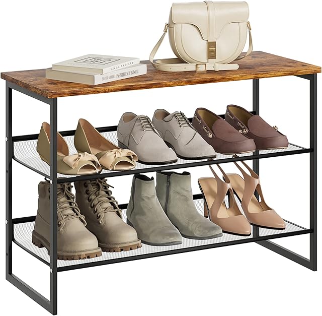 HEYZOEY Shoe Rack, 3-Tier Shoe Racks Storage with Flat & Slant Adjustable Metal Mesh Shelves, Free Standing Shoe Rack Organizer for Entryway, Hallway, Closet, Industrial, Rustic Brown Black