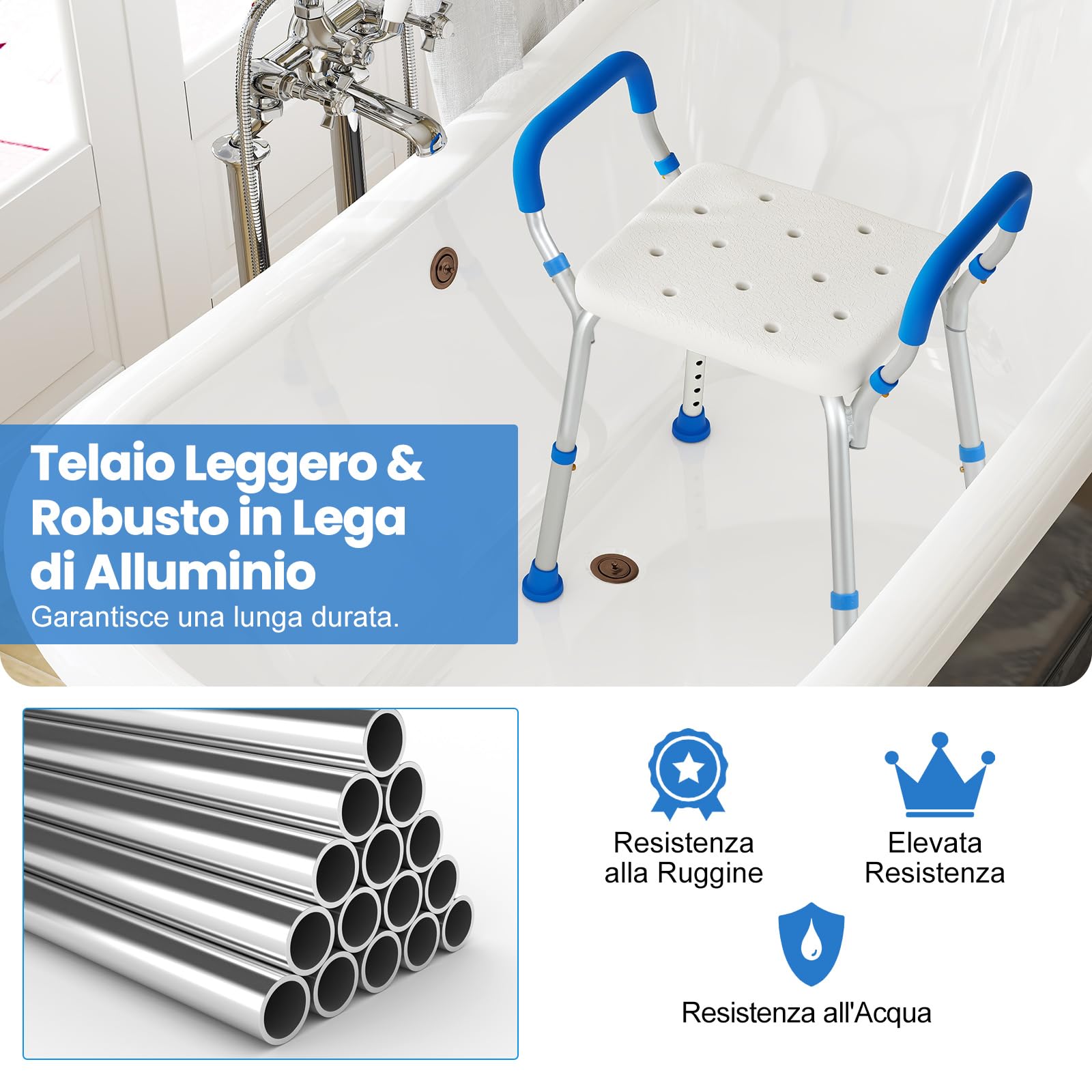 COSTWAY Sgabello Doccia, Sedia per Doccia Regolabile in 6 Altezze con Braccioli Imbottiti Staccabili e Piedini in Gomma Antiscivola, Portata 100 kg, Seggiolino da Bagno per Anziani (Blu)