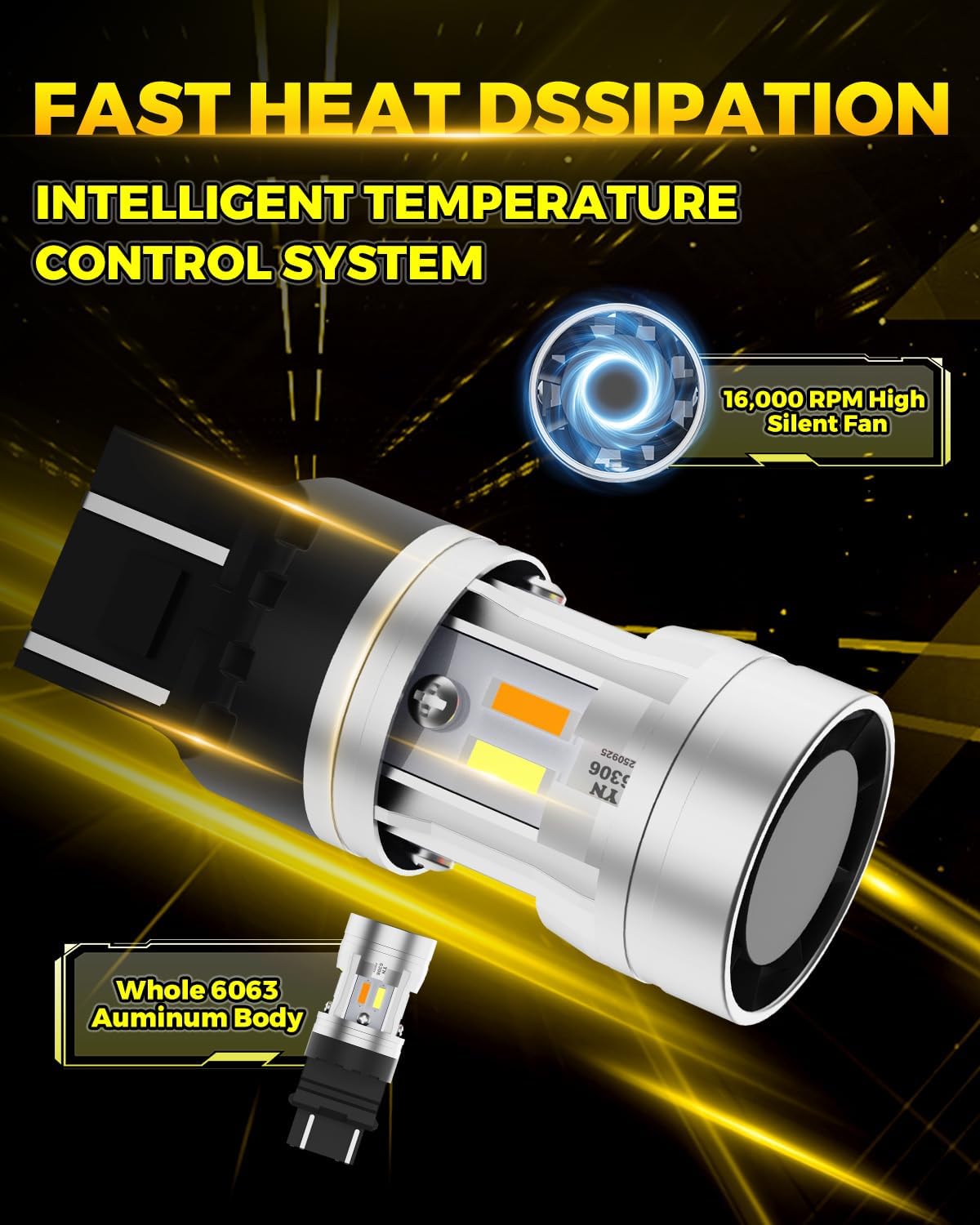 7443 Switchback LED Bulbs Amber Yellow Built-in Resistor and Turbo Fan, 7444NA 7443A 7444NAK T20 Anti Hyper Flash Error Free For Turn Signal Blinker,White For Daytime Running Lights, Pack of 2