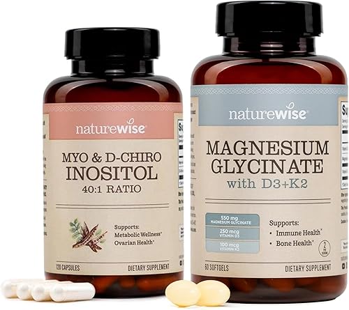 NatureWise Suplemento de mio-inositol y D-quiro inositol para mujeres, proporción ideal de 401 suministro de 30 días + glicinato de magnesio 550 mg