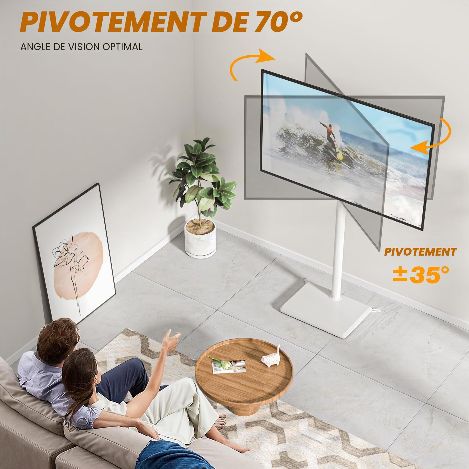 TVON Support TV au Sol pour Téléviseurs de 32 à 60 Pouces, Support TV Haut avec Pieds de Support, Support TVs d'angle Slim, Hauteur Réglable, Pivotant, Max VESA 400x400mm jusqu'à 40kg