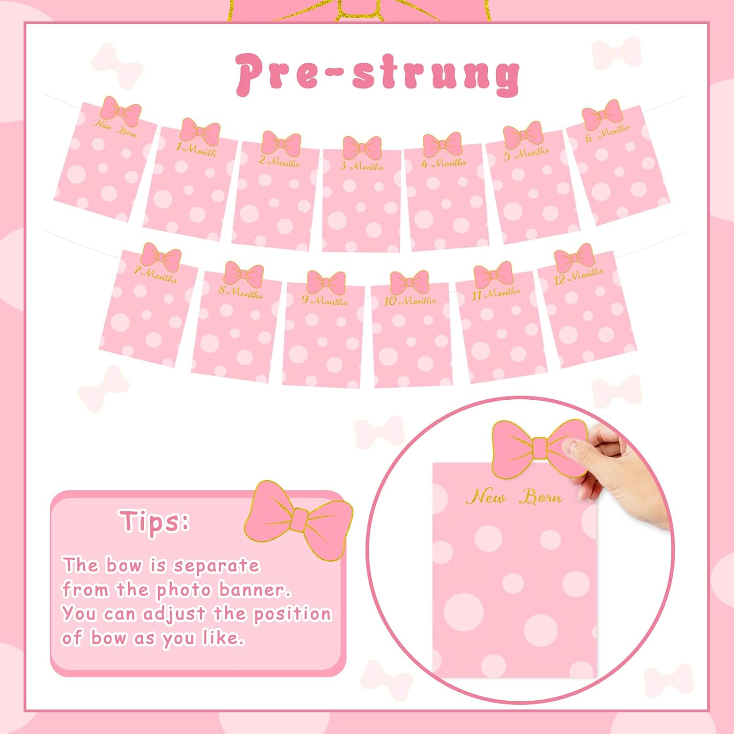 Pink Bow 1st Birthday Photo Banner Cartoon Mouse 1st Birthday Becoration Newborn to 12 Months Monthly DIY Pink Bow Photo Banner Cartoon Mouse Theme First Bday Bow Party Girl