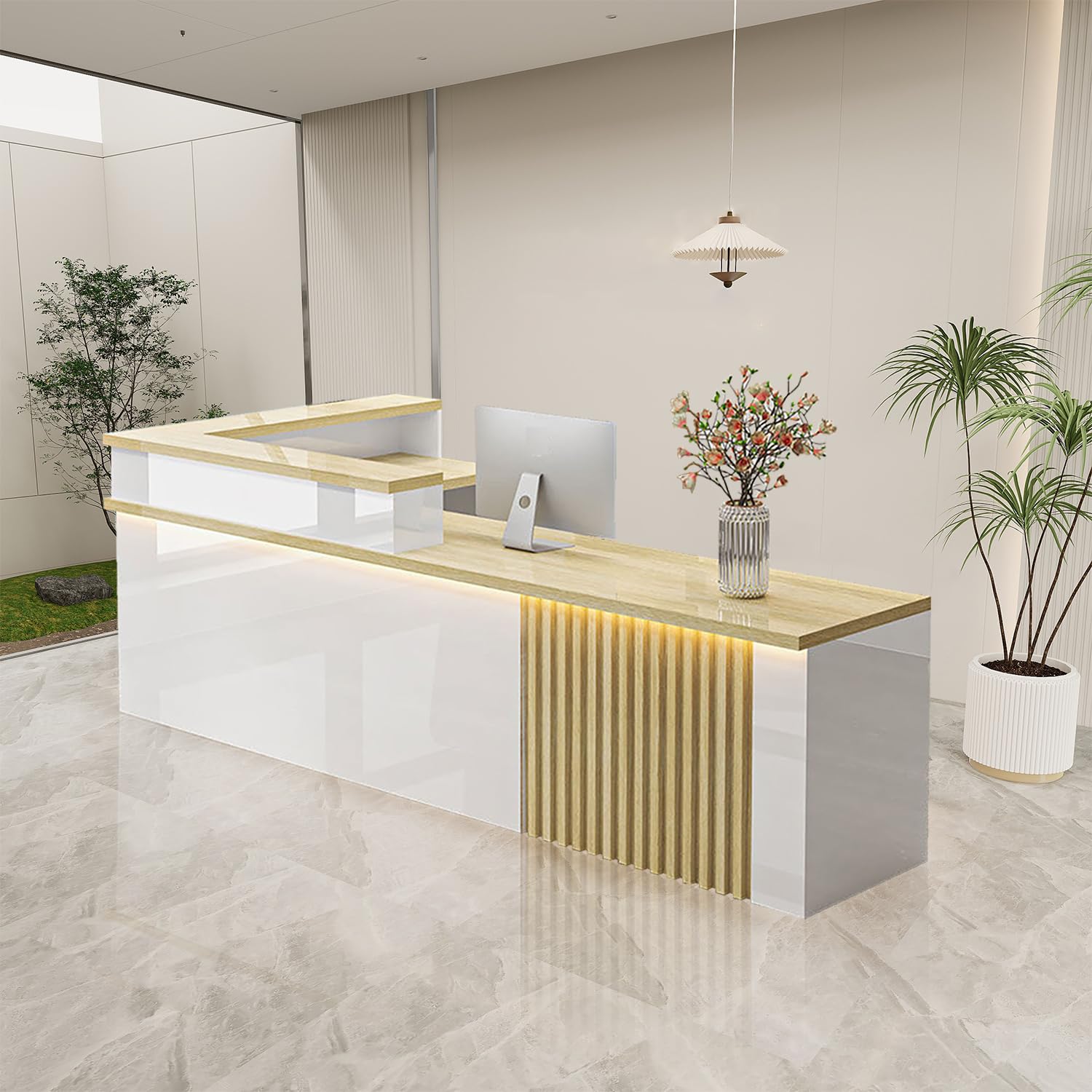 L-Shaped Receptionist Desk,Modern Reception Desk with LED Lights & Lockable Drawer Retail Counter for Office Store Clinic Lobby Clothing Store Company Front