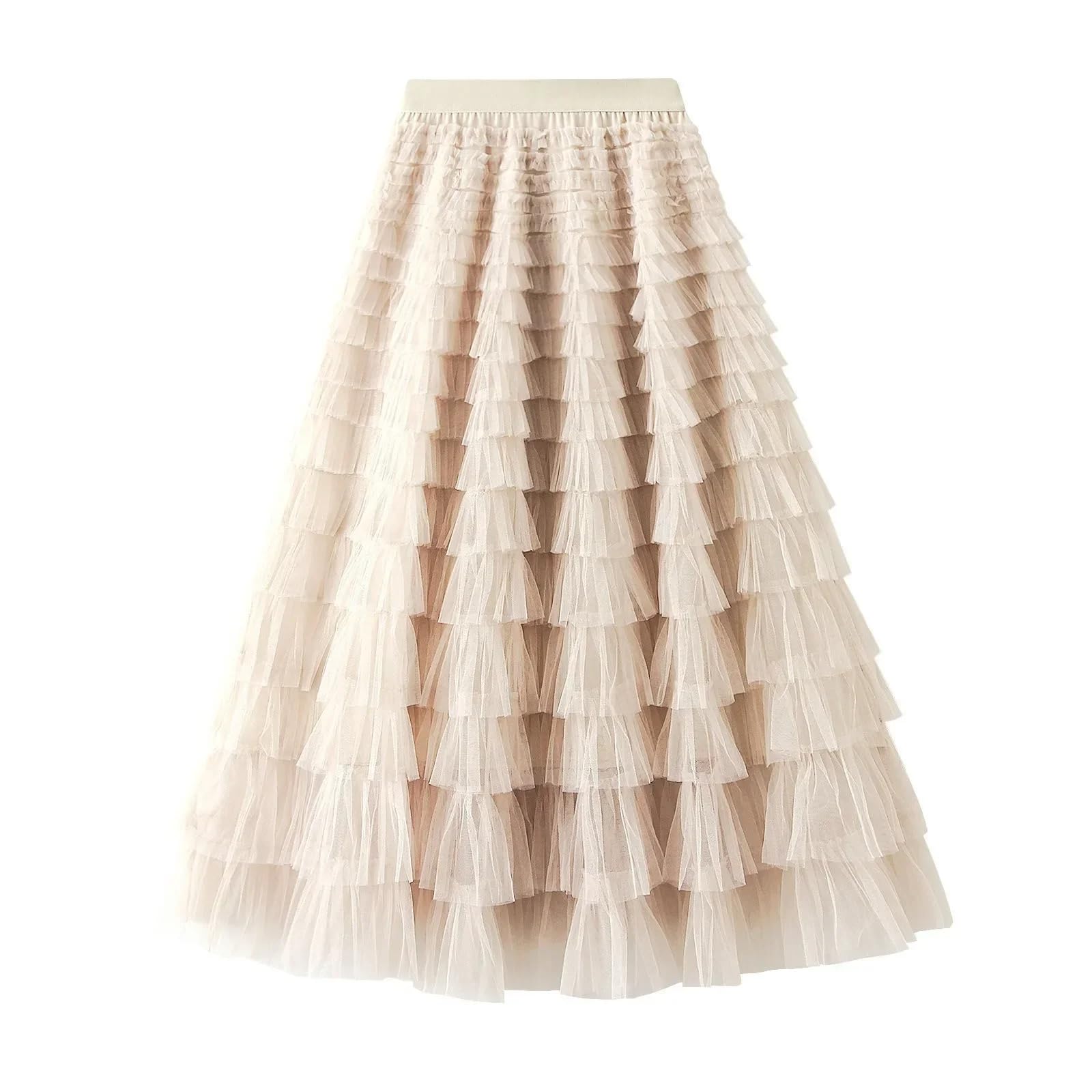 Falda larga de malla con volantes para mujer, cintura alta, primavera, verano, fiesta, mujer