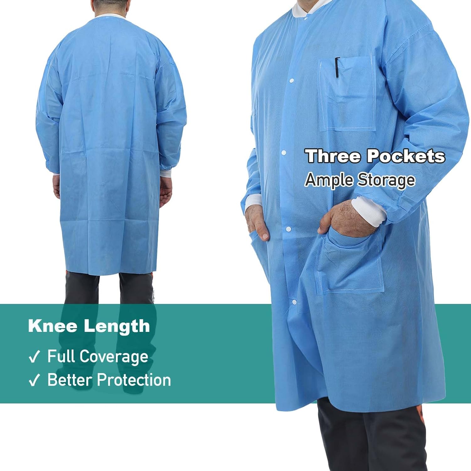Dental Disposable Lab Coats | Durable SMS 45g Soft Knit Cuffs & Collar With 3 Pockets