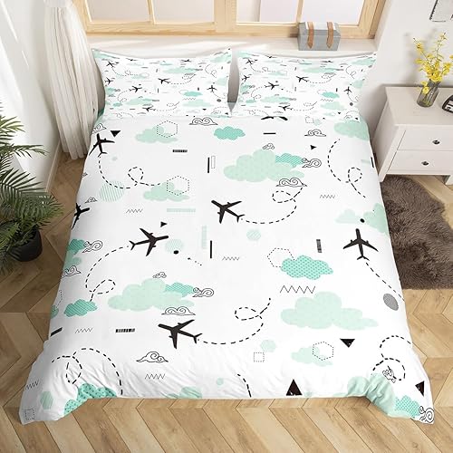 Vista 46 de Erosebridal Funda de edredón de avión de dibujos animados, tamaño matrimonial, juego de ropa de cama de aviones para niños, lindo amarillo, verde
