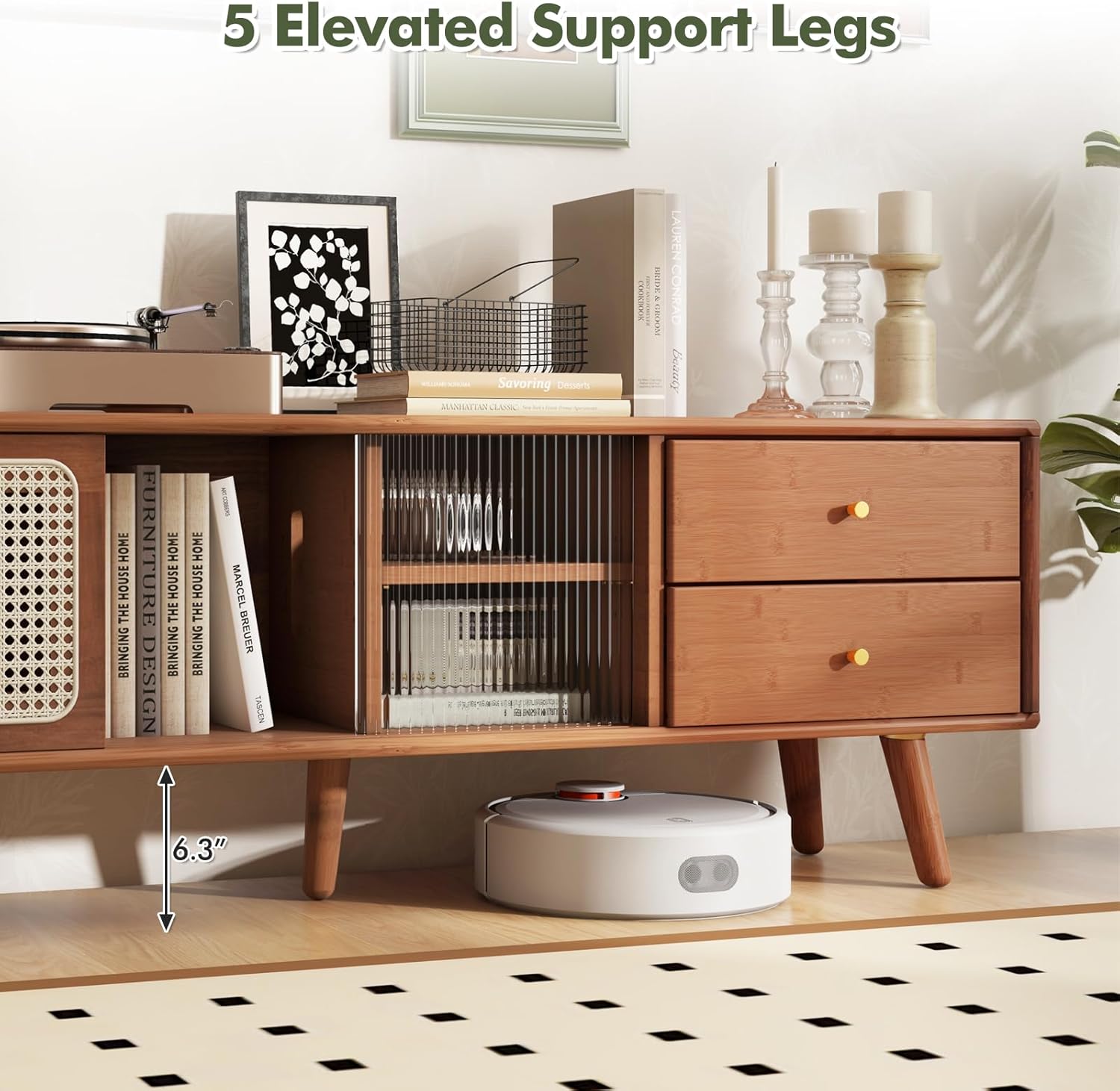 Tangkula Mid Century Modern TV Stand for TVs up to 65", Bamboo Entertainment Center w/Glass & PE Rattan Sliding Doors, 2 Drawers, Adjustable Shelf, Wood Legs, Media Console (Bamboo 2-Walnut)