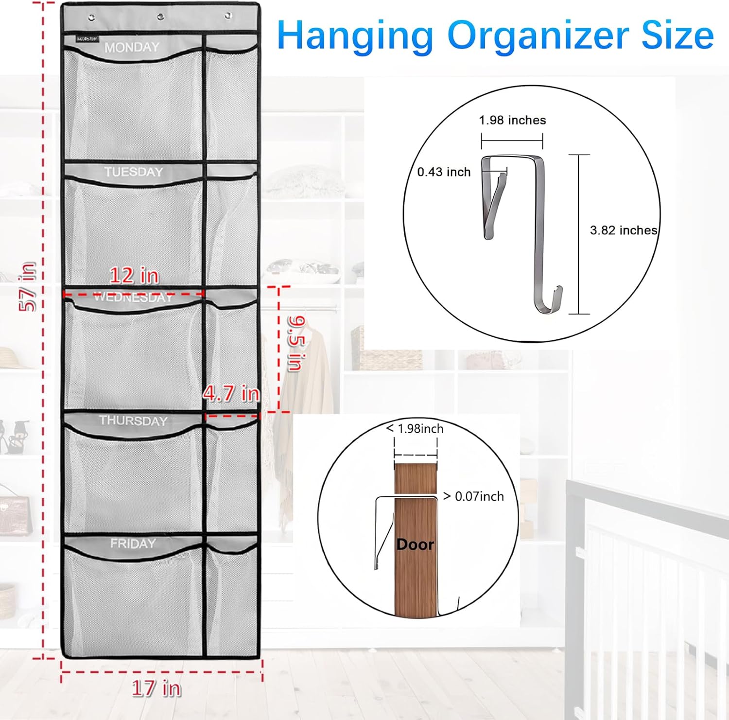 Weekly Kids Clothes Organizer - Day of Week School Clothing Organizer, Monday to Friday Time Save, No Odour, 5-Shelf Hanging Closet Storage (Grey), 2 Pack