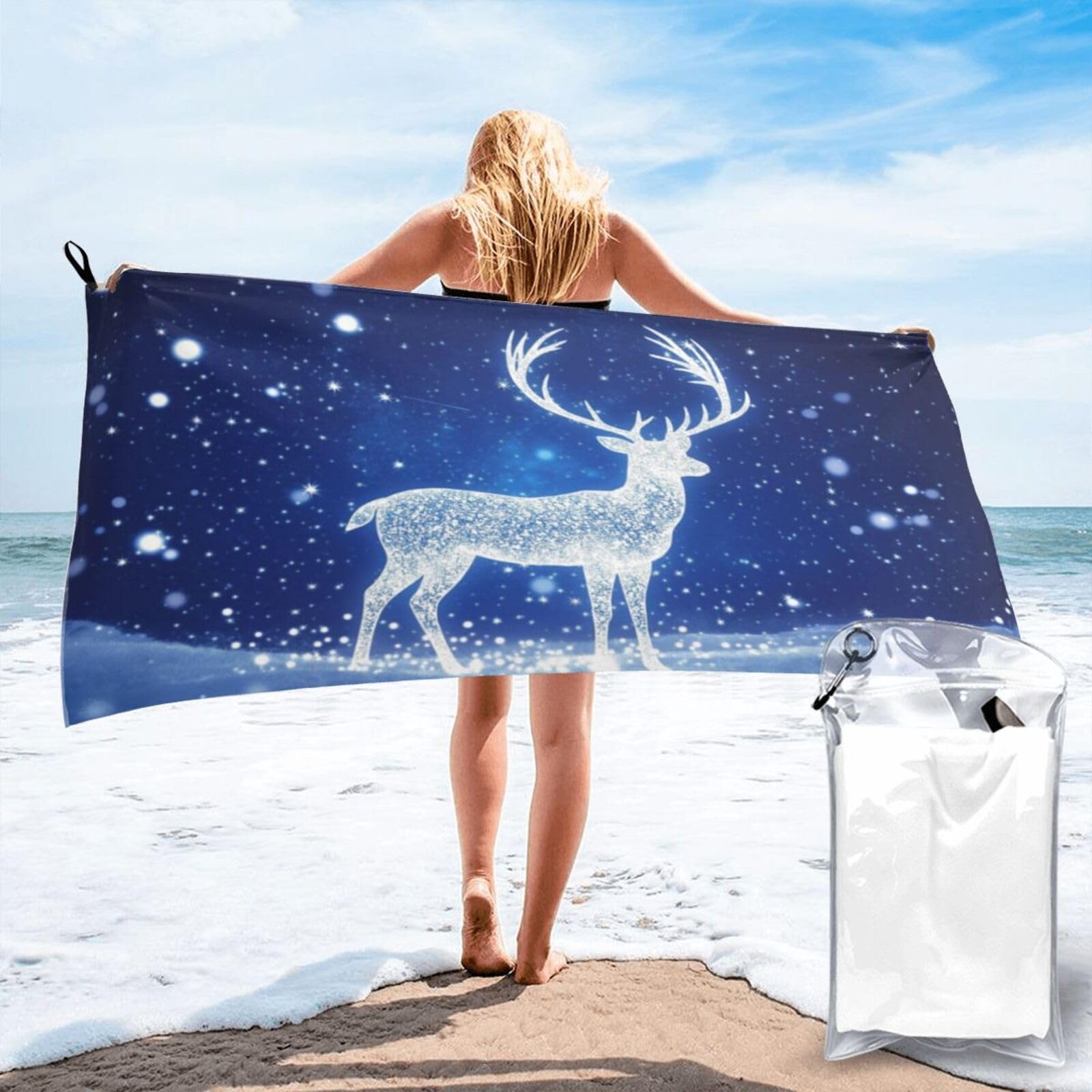 Anceky Glowing White Deer in Snowfall Scene Quick Dry Microfiber Travel Towel with Carry Case and Carabiner 31.5"X63"