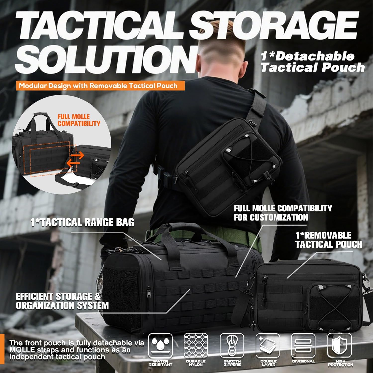 Gun Range Bag with Removable Tactical Pouch for Handguns and Ammo Pistol Case Shooting Carry Duffle Bags Large for Shooting Range Hunting Sports 4 Handguns with 6X Magazine Slots - Image 3