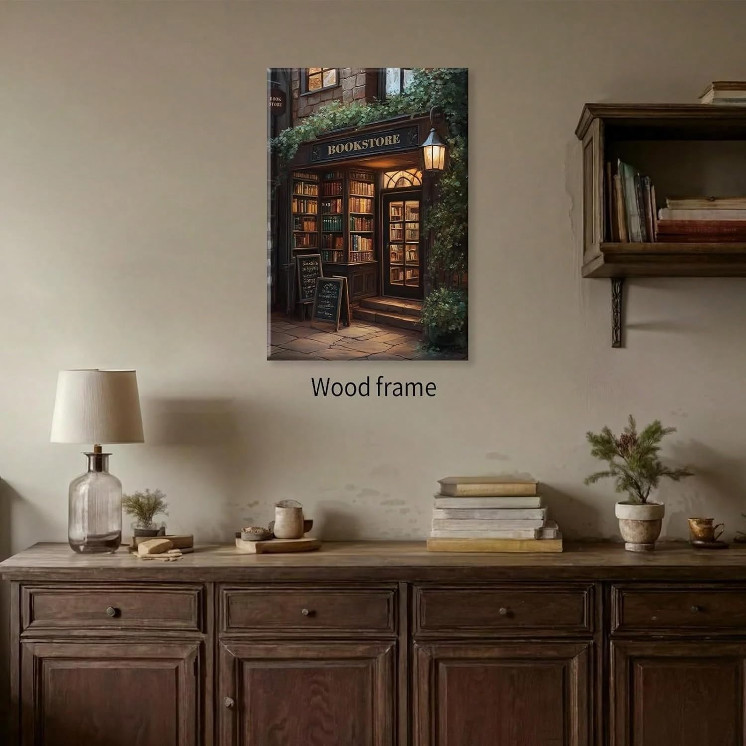 AIHNBF Gemütliche Buchhandlung Leinwand Wandkunst Vintage Bibliothek Bild Warme Beleuchtung Ästhetische Bibliotheksdekoration Romantische Straßenansicht Gemälde für Büro Wohnzimmer Wand 50x75cm
