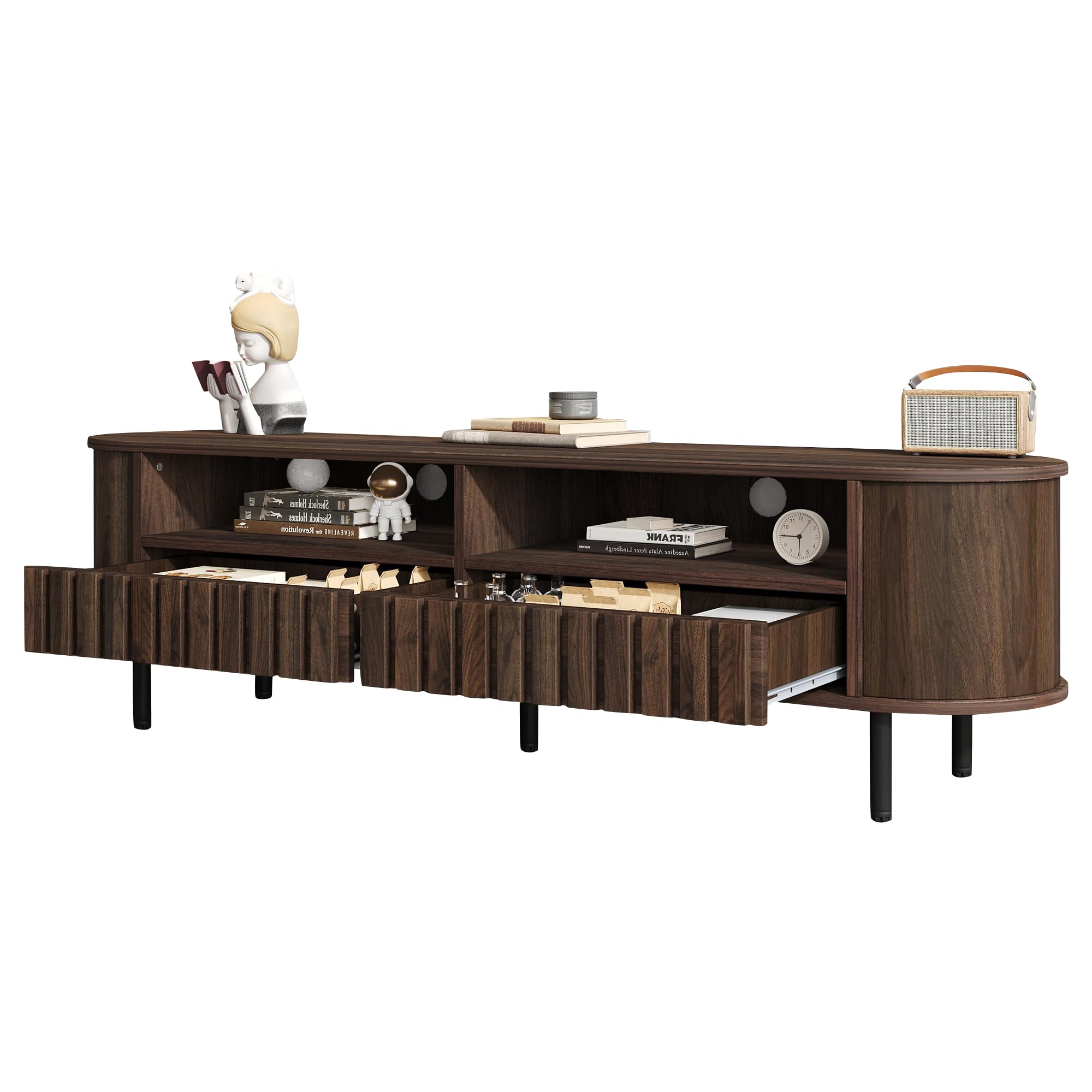 Fernsehschrank für 65 Zoll TV, Lowboard mit Schubladen & 5 Metallbeinen, Wohnzimmermöbel in Walnuss-Optik mit Stauraum, 160 x 40 cm, MDF, modern & stabil