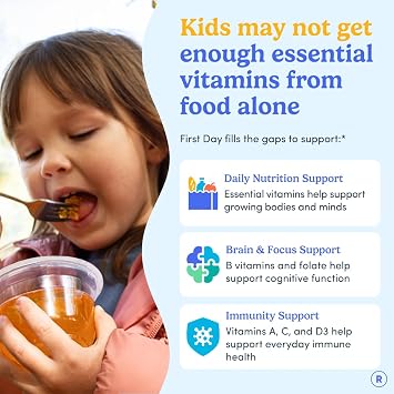 First Day Kids Multivitamin Gummies Age 4+, Strawberry & Orange - Kids Vitamins Multivitamin Gummy A C D3 K2 B1 B2 B6 B12 Folate, Immunity & Brain Function, Vegan - 30 Day Supply, Packaging May Vary