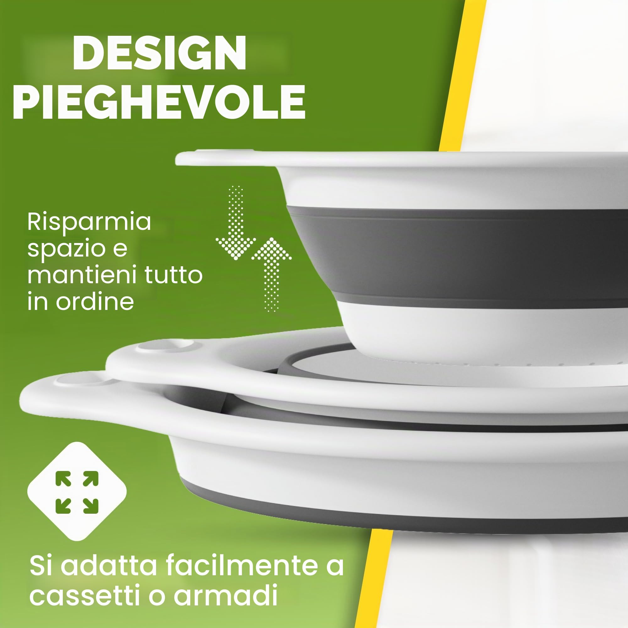 Gevoli Set di 3 scolapasta pieghevoli con base di scarico dell'acqua sopra il lavello per pasta, frutta e verdura (brevetto in attesa di registrazione), bianco (3 misure, 3QT, 4QT e 5 quarti)