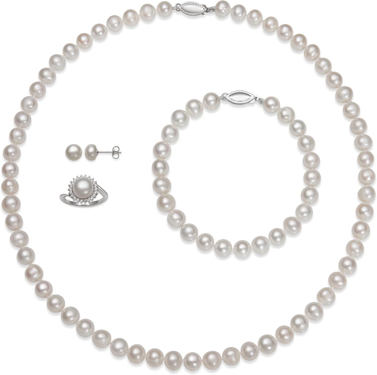 Belacqua Freshwater Pearl Jewelry Set for Women – Sterling Silver Necklace | Bracelet, Stud Earrings & Ring with White Sapphire, 7-9mm Pearls, Size 7 Ring, A Quality – Elegant Gift Set