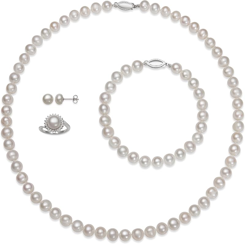 Belacqua Freshwater Pearl Jewelry Set for Women – Sterling Silver Necklace | Bracelet, Stud Earrings & Ring with White Sapphire, 7-9mm Pearls, Size 7 Ring, A Quality – Elegant Gift Set