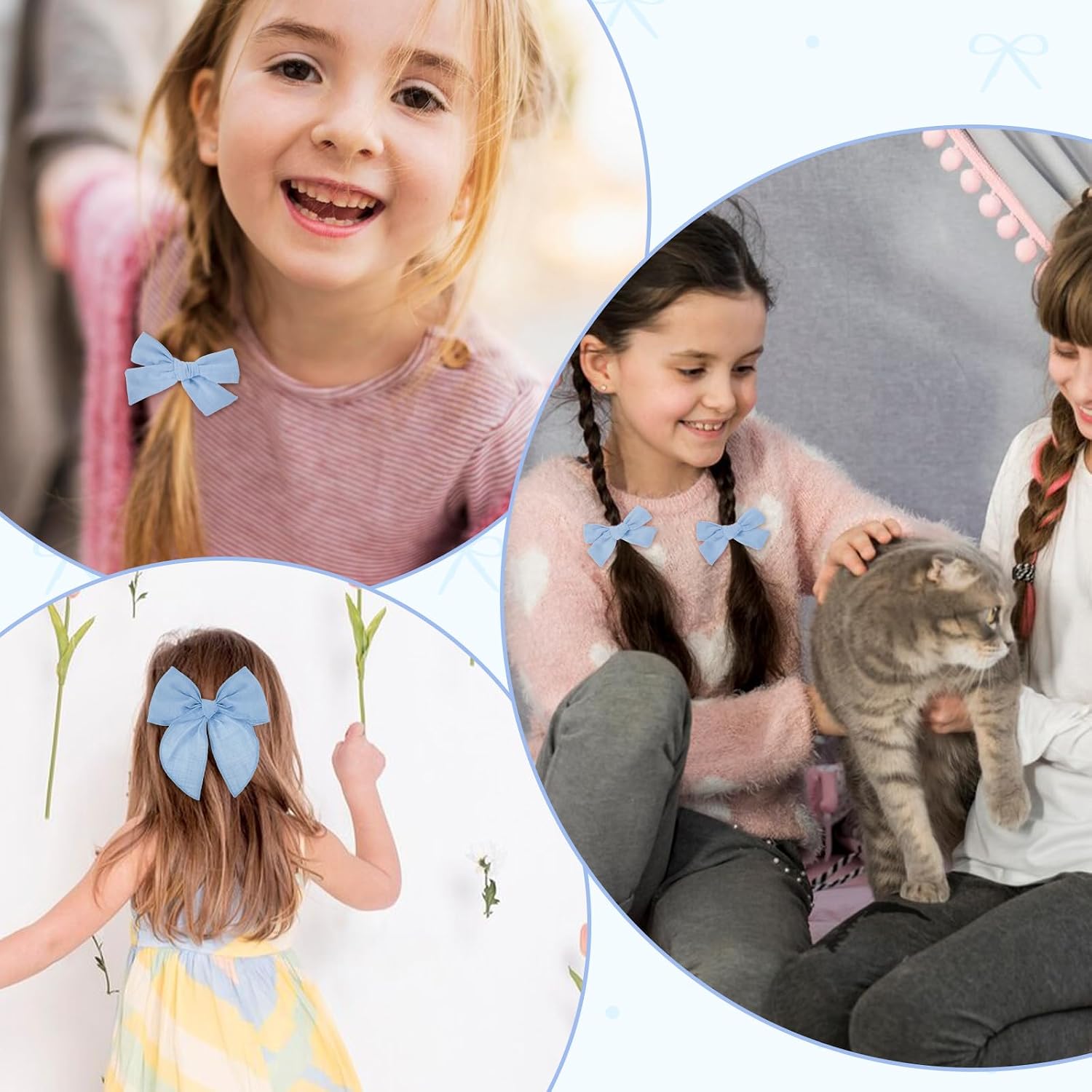 4 Pcs Blue Hair Bow, Cotton Linen Hair Bows, Girls Bows for Hair, Toddler Hair Accessories, Alligator Clips Knot Hair Bows for Girls, Light Blue Bow, 3 Styles & 3 Sizes