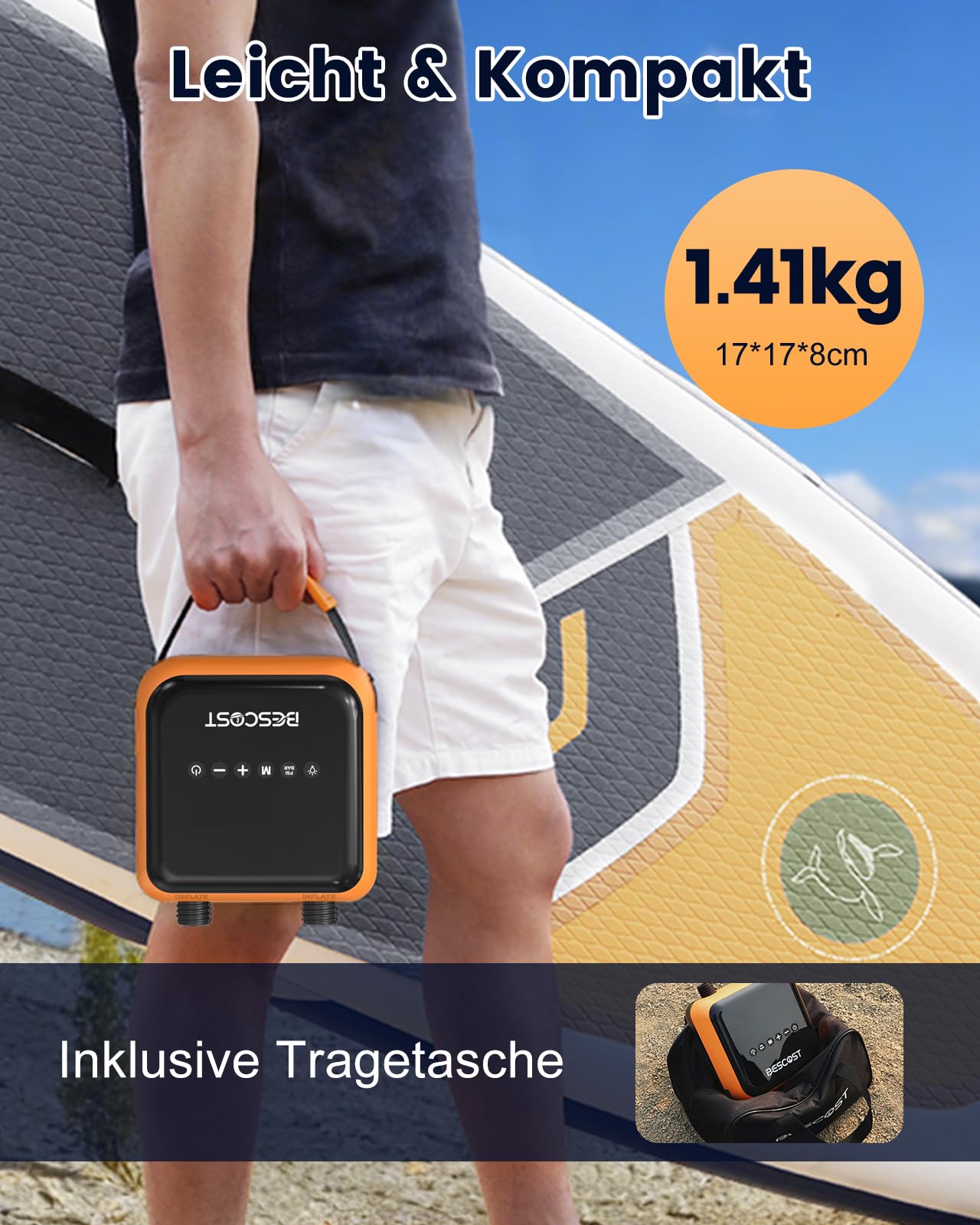 Elektrische SUP Pumpe Akku 20 PSI, 3 Boards pro Ladung, Auto-Stop Doppelstufen Luftpumpe, für Kajak Schlauchboot Zelt, USB-C Schnellladung