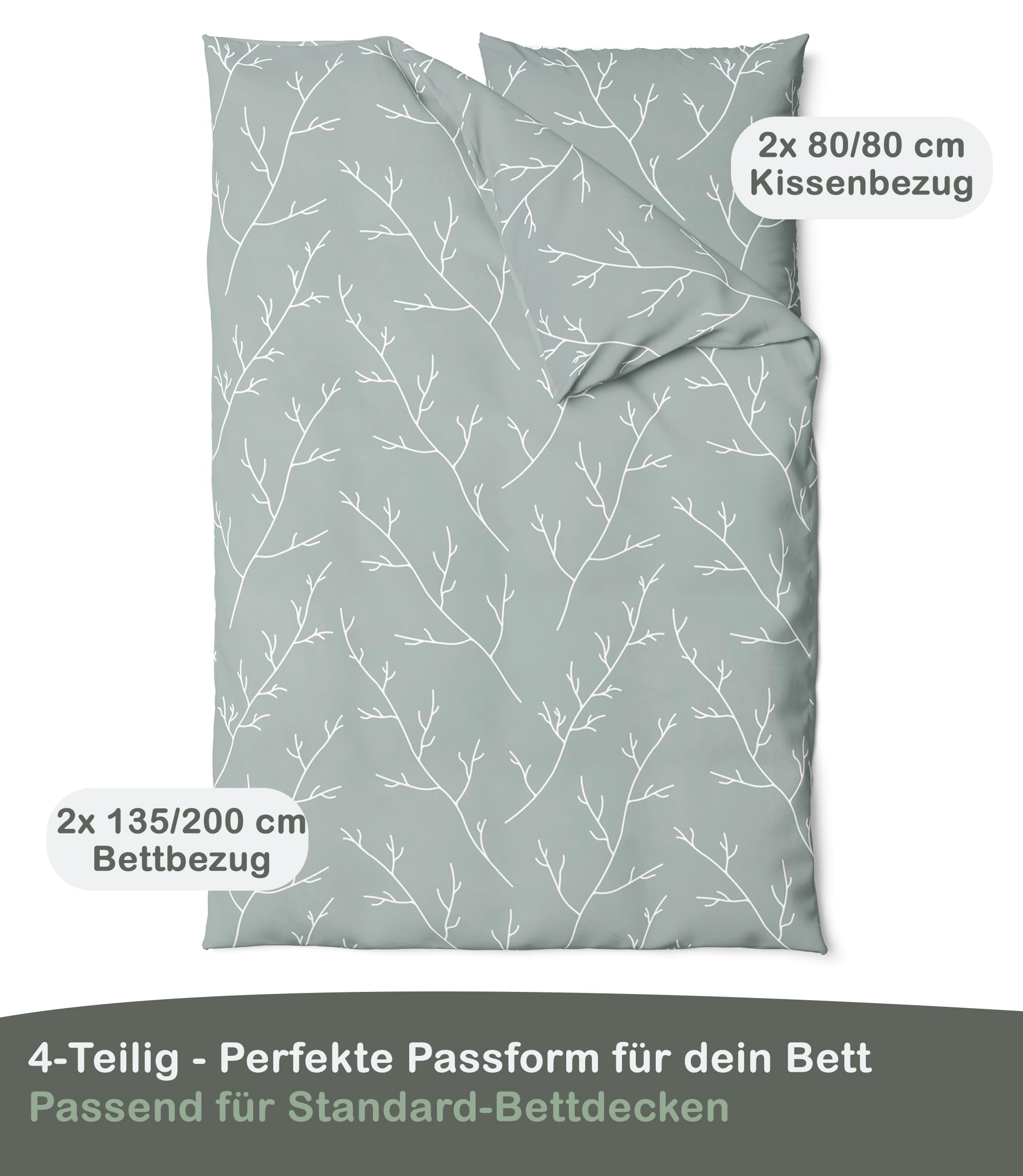 LINKHOFF Renforce Bettwäsche 135x200 Baumwolle 4teilig - Grün mit Blumen 2 Bettbezüge + 2 Kissenbezüge - Grüne Sommerbettwäsche kühlend & bügelfrei - Olivgrün Blätter u. Zweige – Sommer