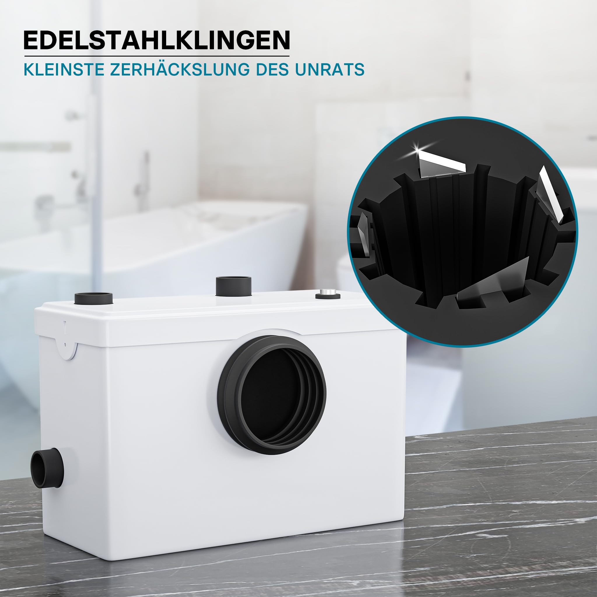 Wiltec 3/1 Kleinhebeanlage 600 W mit Häcksler, Hebeanlage bis 10 m Höhe, Abwasserhebeanlage mit 3 Einlässen, für WC und Dusche