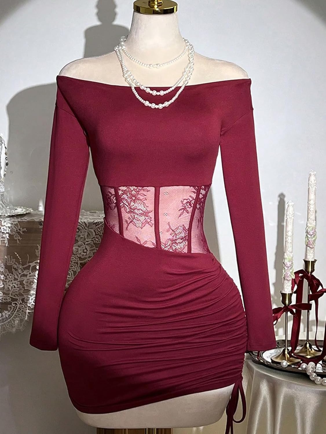 GORGLITTER Women's Lace Off The Shoulder Dress Ruched Drawstring Mesh Long Sleeve Coquette Bodycon Club Party Dresses - Image 7